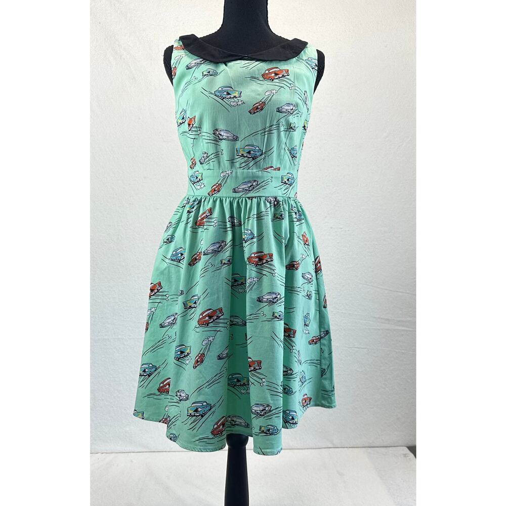Ixia Classic Rockabilly Flare A-Line Dress w/Car Print SZ SM Retro Twee Pin-up
